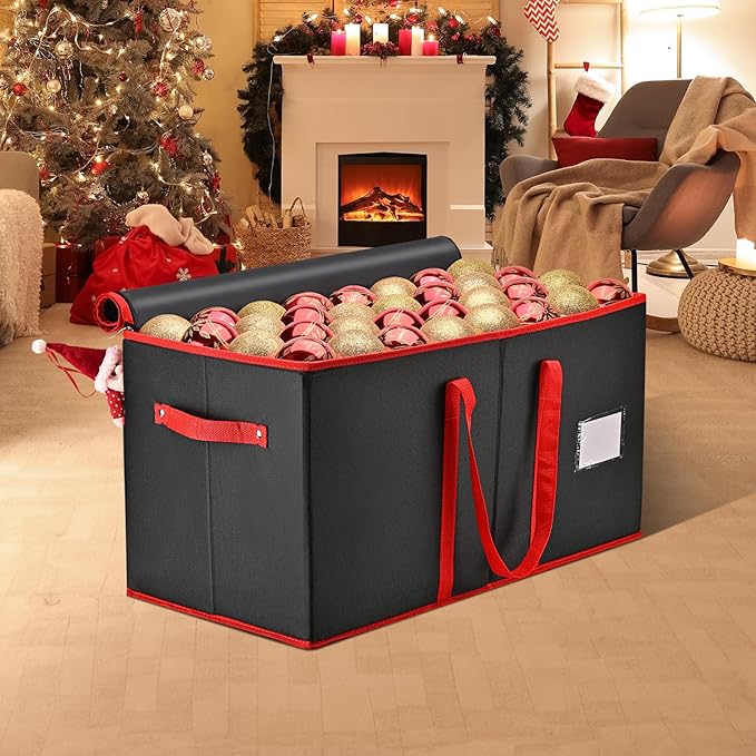 Mrrihand Christmas Ornament Storage Box, Ornament Storage Container with 8 Trays-Xmas Decoration Organizer Keeps 128 Holiday Ornaments 3-Inch, Dual Zipper Closure, 600D Tear-Proof（Black）
