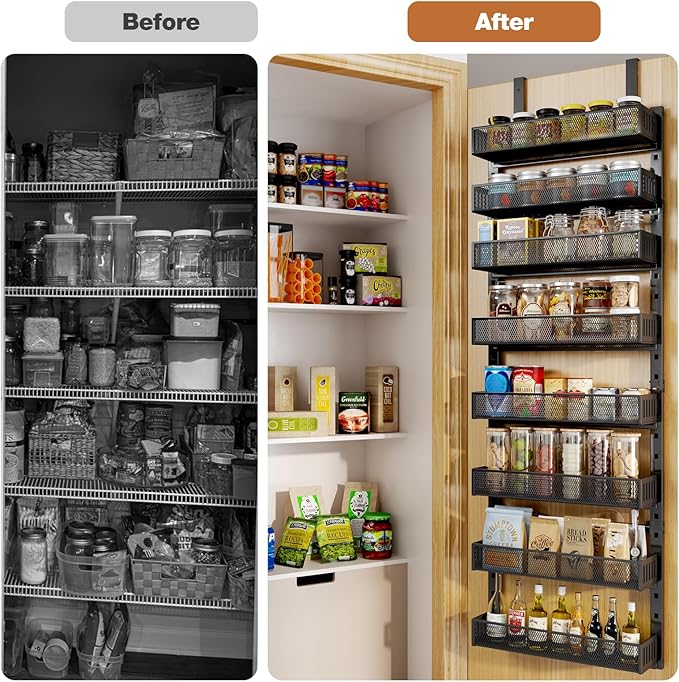 Pantry Door Organizers and Storage,6-Tier Large Wide Metal Heavy-Duty Frame Over the Door Spice Rack, 2 in 1 Wall-Mounted or Hanging shelf for Kitchen, Bathroom, Laundry Room, Bedroom, Closet &Nursery