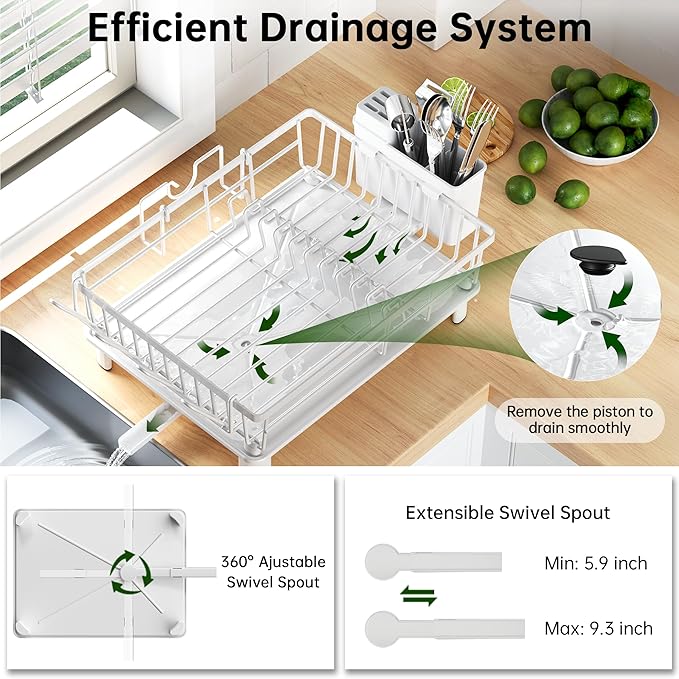 Dish Drying Rack, Dish Racks for Kitchen Counter, Detachable Dish Drainer with Drainboard, Utensil Holder, Cup Holder, Space Saving Kitchen Drying Rack for Small Home and Appartment, White