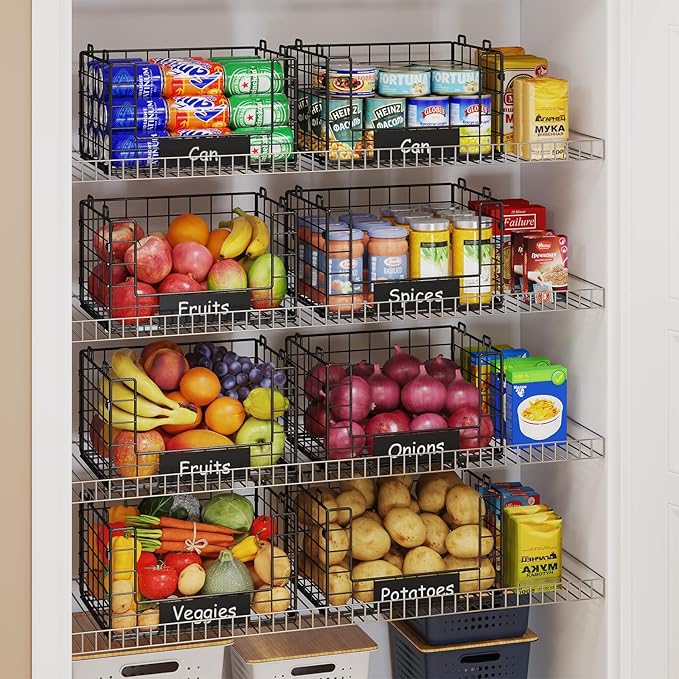 JKsmart Pantry Organizers and Storage, 4 Pack XL Stackable Wire Baskets with NamePlates, Metal Storage Bins for Snack Can Fruit Vegetable Spice