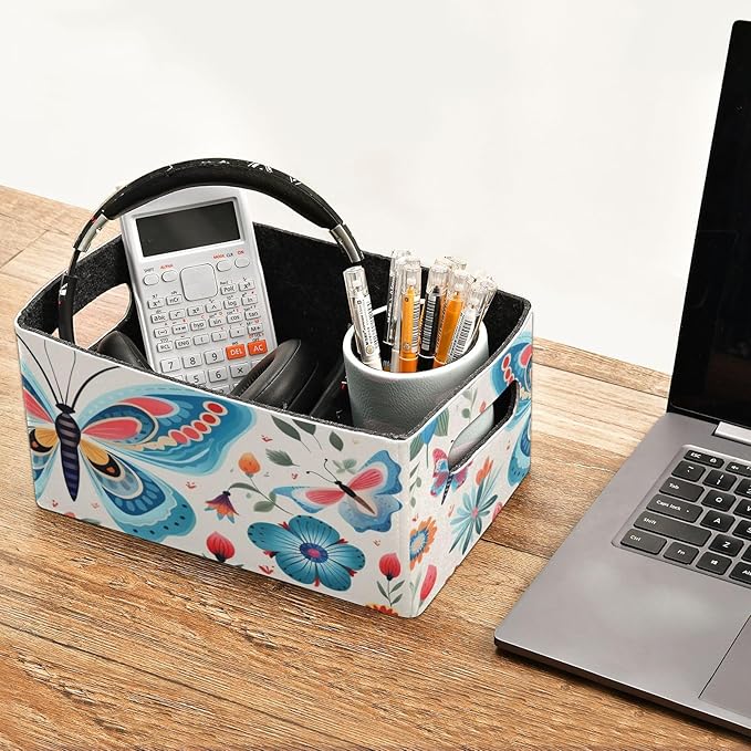 Decorative Butterfly Floral Closet Storage Bins 2 Pcs Felt Open Home Storage Containers Organizer with Handles Collapsible Shelf Basket for Home Office Craft Room Classroom Fabric