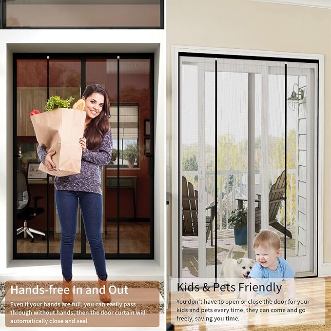 Double Door Mesh Screen Magnetic Closure Heavy Duty for Sliding Door 74" x 80" Extra Long Magnet Bug Screens for French Doors, Self Closing Fiberglass Mosquito Net for Doorway, Keep Bugs Out