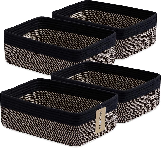 Large Shallow Organizing Baskets 15x11x5.1 Inches - Rope Woven Storage Bins for Bathroom, Shelves, Cube Closet, Black Woven Brown 4 Packs