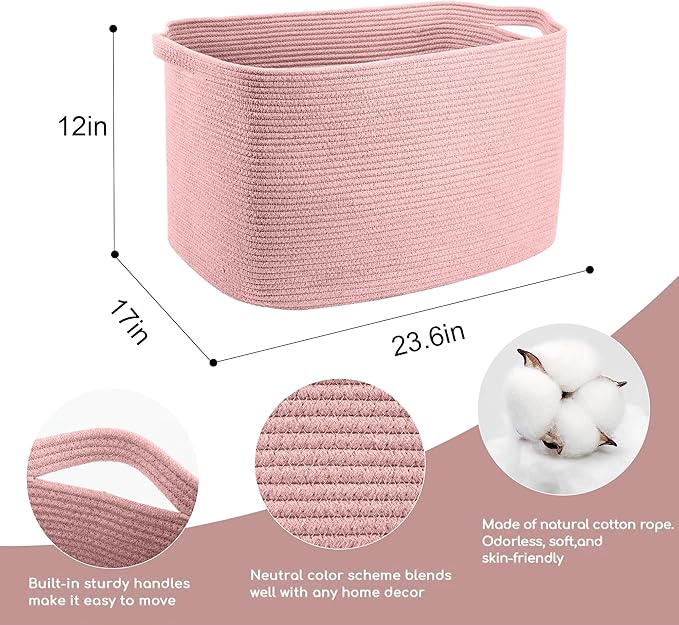 Extra Large Pink Storage Basket, 23.6" x 17" x 12" Rectangle Blanket Basket Living Room, Woven Cotton Rope Basket, Toy Basket Bins, Pink Baskets for Decor, Wicker Baby Laundry Basket