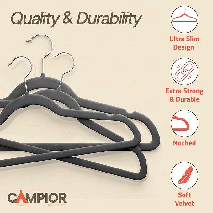 Gray Velvet Hangers 30 Pack – 360° Swivel Hook, Non-Slip and Space Saving Hangers, Heavy-Duty 11 lbs Weight Capacity - Smooth Velvet Finish for Crease-Free Clothes and Effortless Closet Organization