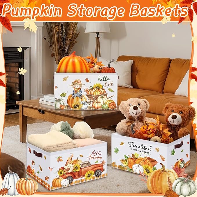 Boao 3 Pack Thanksgiving Storage Gifts Baskets Empty Autumn Storage Bins, Large Foldable Pumpkin Scarecrow Fall Harvest Canvas Laundry Basket with Handle for Office Home Nursery Bedroom Clothes