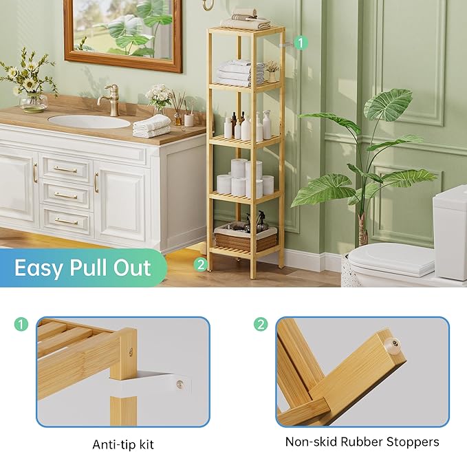 SMIBUY Bathroom Storage Shelf, 5-Tier Bamboo Rack Organizer, Multifunctional Shelving Unit for Living Room Bedroom Kitchen (Natural)