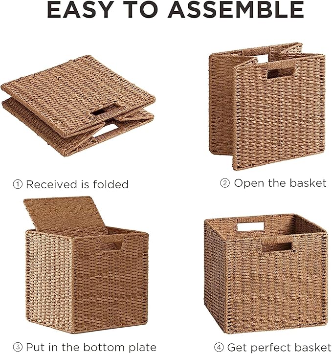 UBBCARE 4 Pack Wicker Basket, 11L×11H×10.5W inch Woven Paper Rope Storage Baskets for shelves, Foldable Cube Storage bin with Handle, Storage Basket for Organizing & Decor, Caramel