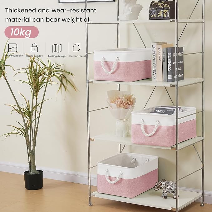 Large Storage Baskets- 15.7x11.8x8.26 inch Storage Bins for Shelves and Closet Organizing, Foldable Fabric Bin for Home Organization Clothes and Laundry (3-Pack, White&Pink)