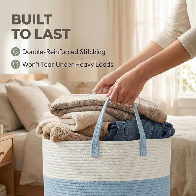 65L Extra Large Blanket Basket for Living Room - Woven Cotton Rope Laundry Hamper with Reinforced Handles - Storage Bin for Pillows, Comforters & Toys - Machine Washable,White&Blue