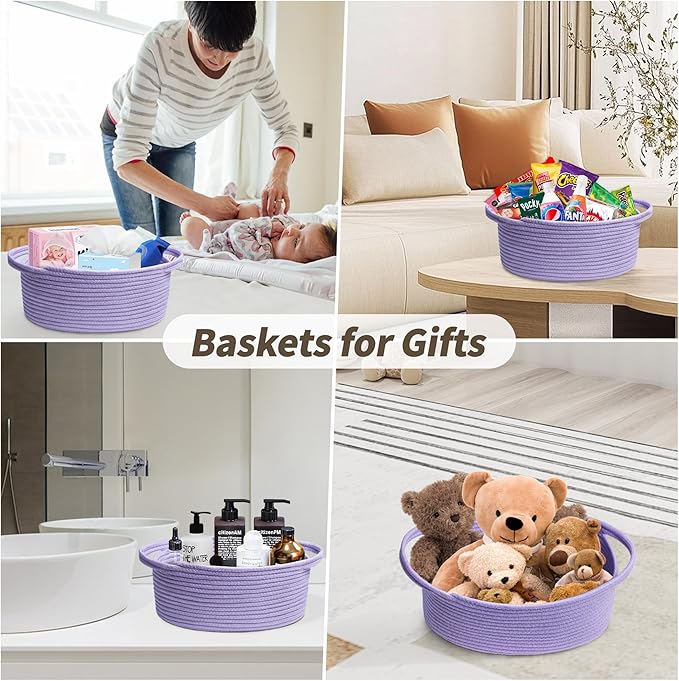 Pro Goleem Small Woven Basket with Gift Bags and Ribbons Durable Baskets for Gifts Empty Small Rope Basket for Storage 12"X 8" X 5" Baby Toy Basket with Handles, purple