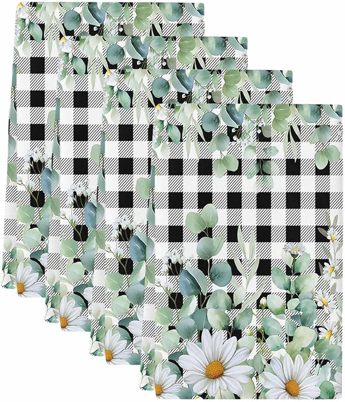 Kitchen Towels Set of 4, Green Eucalyptus Leaves Soft Microfiber Dish Towels, Summer Botanical Daisy Black Plaid Absorbent Washable Dishcloths for Kitchen Cleaning, Drying Dishes, 18x28 Inches
