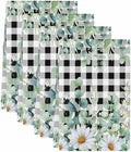 Kitchen Towels Set of 4, Green Eucalyptus Leaves Soft Microfiber Dish Towels, Summer Botanical Daisy Black Plaid Absorbent Washable Dishcloths for Kitchen Cleaning, Drying Dishes, 18x28 Inches