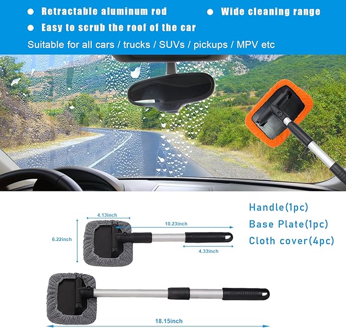 Ziciner Car Windshield Cleaner, Microfiber Auto Cleaning Wiper with Aluminum Extendable Handle and 2 Washable Reusable Cloth Pad Head, Vehicle Interior Exterior Cleaner Kit (Orange-Rectangle)