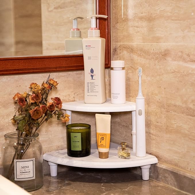 Defined Deco Kitchen Countertop Organizer-2 Tier Stackable Corner Shelf-White Bathroom Counter Organizer-Farmhouse Display Riser,Storage Pedestal Stand for Kitchen Counter Decor,Bathroom Storage Decor