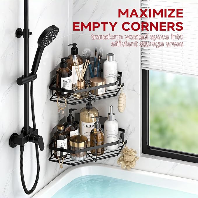 Corner Shower Caddy, 5-Pack Adhesive Shower Corner Organizer Shelves, No Drilling Stainless Steel Shower Storage Rack with Soap&Toothpaste Holder for Bathroom, Dorm and Kitchen (black)