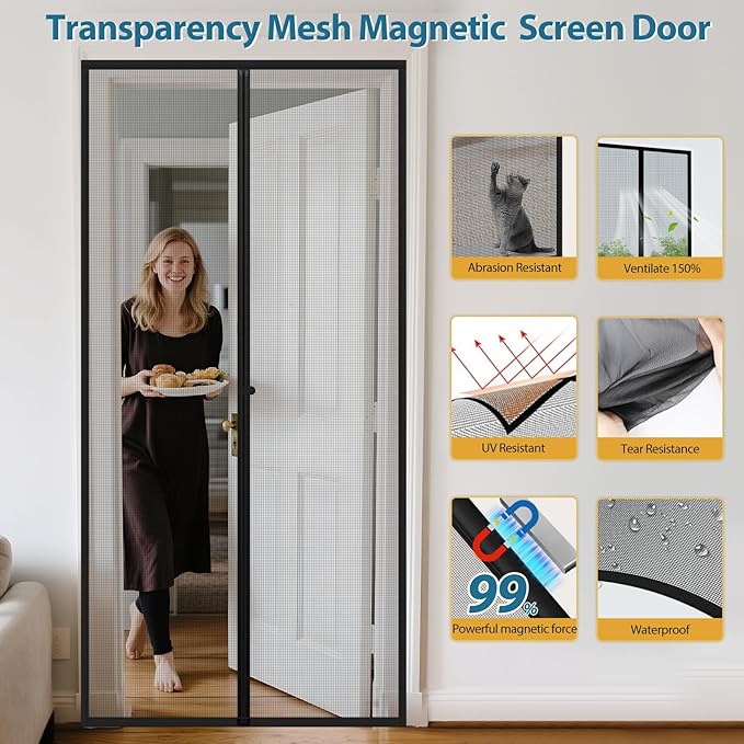 Magnetic Screen Door Mesh - Clear View Door Screen Mesh Size 74"x81" Fit Door 72x80 Inch,Heavy Duty Screen Door with Magnet Self-Closing & Windproof Hasp,Keep Bugs Out, Kid & Pet Friendly