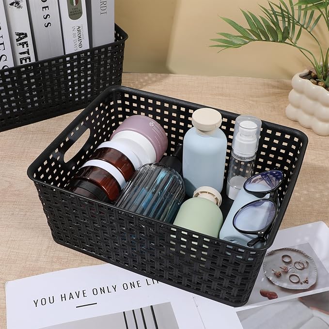 Pack of 4 Plastic Storage Basket,11.4"X9"X4.7" Black Desktop File Paper Letter Organizer Tray,Plastic Baskets for Organizing