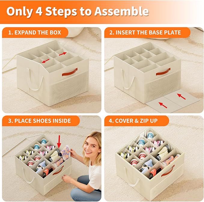 Aokeyee 2 Pack Shoe Organizer for Closet, Foldable Shoe Storage Organizer Box w/Clear Cover and Reinforced Handles, Space Saving Shoes Bin Fits up to 32 Pairs, Beige