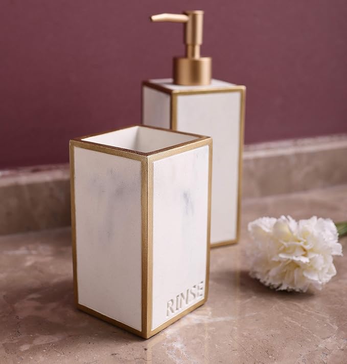 Hymmah Bathroom Accessories Set,Toothbrush Holder,Farmhouse Bathroom Decor,4 Pcs Resin Gift Set Apartment Necessities, Contain Toothbrush Cup,Soap Dispenser,Soap Dish,Tumbler