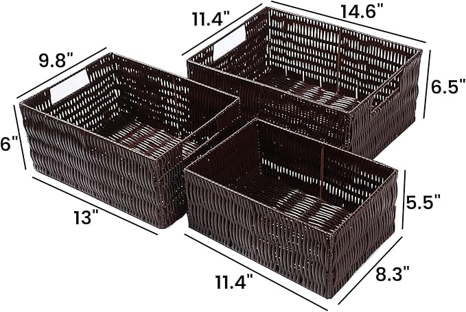 Elevon Plastic Wicker Basket Set of 3, Handmade Storage Basket for Organizing with Handles, Storage Bins for Home Kitchen Countertop, Shelf Organizer, Waterproof, Coffee