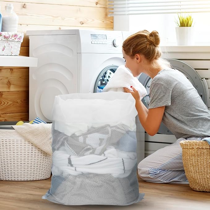 QWORK Mesh Laundry Bag, 4 Pack 24" x 36" Machine Washable Travel Laundry Bags for Laundry, College Dorm, Laundromat Outdoor Activities, White