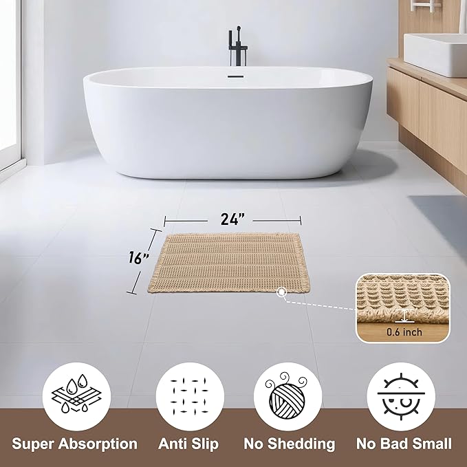 JIUZHEN Waffle Bath Mat Super Absorbent Non Slip Bath Mats for Bathroom Floor Waffle Knit Bathroom Mat with Tassels Machine Washable Bathroom Rugs for Beside Tub, 16" x 24", Strip-Brown