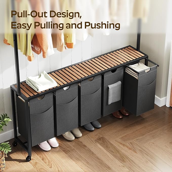 Laundry Hamper, Laundry Sorter 5 Section, Rolling Laundry Basket, Laundry Sorter with Hanging Bar, Hampers for Laundry, Laundry Basket Organizer for Laundry Room, Rustic Brown LS57BR