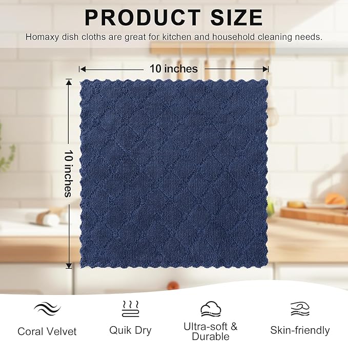 Homaxy 24 Pack Kitchen Dish Cloths (10 x 10 Inches, Navy Blue), Super Soft and Absorbent Coral Velvet Dish Towels, Nonstick Oil Fast Drying Microfiber Cleaning Cloth, No Lint Household Dishcloths