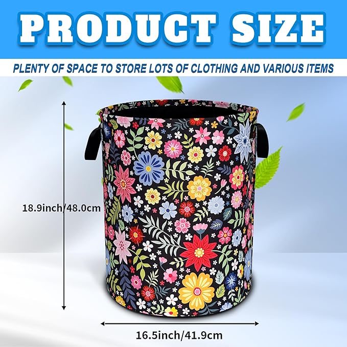 Colorful Folk Flowers Laundry Basket Oxford Cloth Floral Laundry Hamper With Handle Foldable Portable Clothes Storage Basket 18.9 X 16.5 In Storage Bag For Laundry Room/Bathroom/Bedroom/Dormitories
