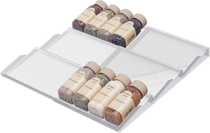 LEVANI Spice Drawer Organizer – 3 Large Tiers, Anti-Slip Grips, Narrow to Standard Drawer Size - Expandable from 8 – 15 inches Wide, Clear Durable Acrylic Spice Rack, No Sliding in Kitchen Drawers