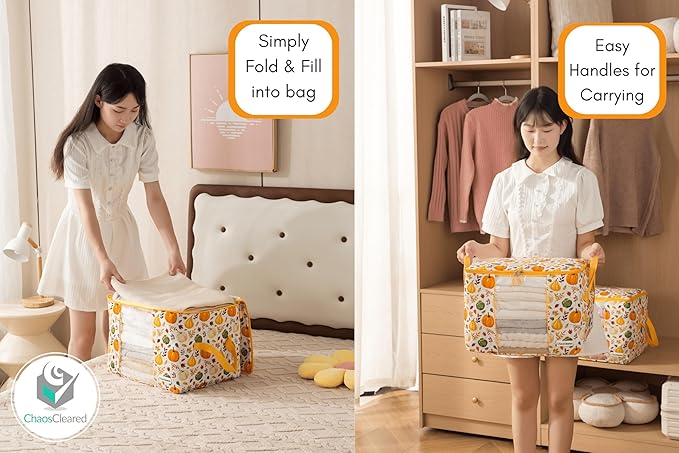 Chaos Cleared Canvas Storage Bags Designer Organizer 2 Pack – Seasonal Storage for Sweaters, Blankets, Linens & Garments – Foldable Design with Zip & Window, Moth-Proof Space Saver, Pumpkin Print