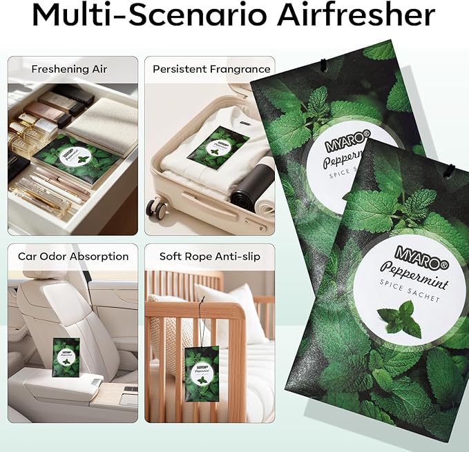 MYARO 12 Pack Peppermint Scented Sachets for Drawer, Closet & Car Odor Eliminator & Air Freshener Bags | Crisp, Cool Mint Fragrance for Shoes, Gym Bag & Home