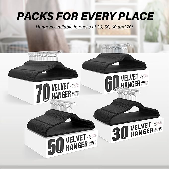 Simple Deluxe 50 Pack Velvet Hangers, Non-Slip Clothes Hangers with Shoulder Notches, 360° Swivel Hooks, Heavy Duty Coat Suit Hangers for Coats & Pants, Black