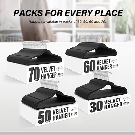 Simple Deluxe 50 Pack Velvet Hangers, 360° Swivel Hook, Non-Slip Heavy Duty Hanger Set with Shoulder Notches, for Coat, Pants & Dress, Black