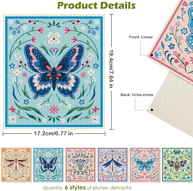 6 Packs Swedish Paper Cloths for Kitchen, Reusable Paper Towels Washable Dish Rags, Highly Absorbent Kitchen Towels Quick Drying Swedish Sponge Cleaning Dish Cloths (Insects Floral)