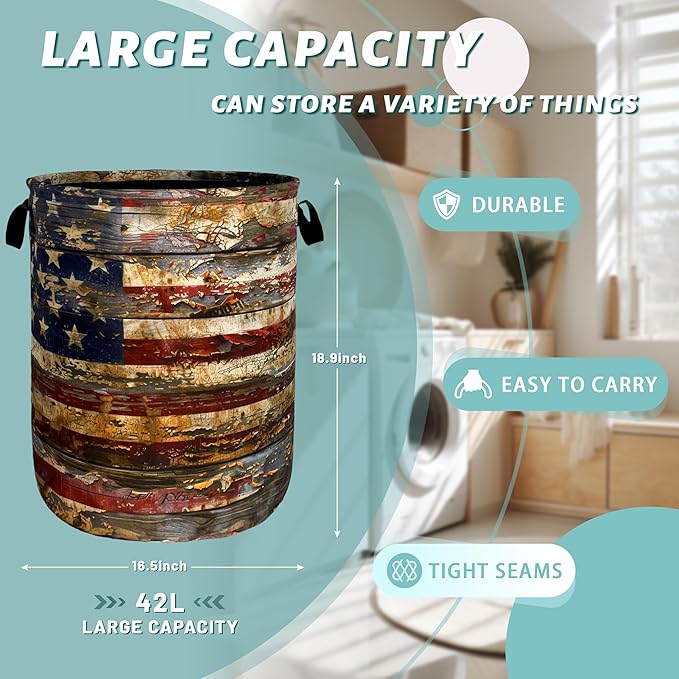 Vintage American Flag Laundry Basket Patriotic Funny Laundry Hamper Foldable Oxford Cloth Colorful Tote Bag Clothes Toy Storage Bucket 18.9" x 16.5"For Bathroom/Laundry Storage/Bedroom