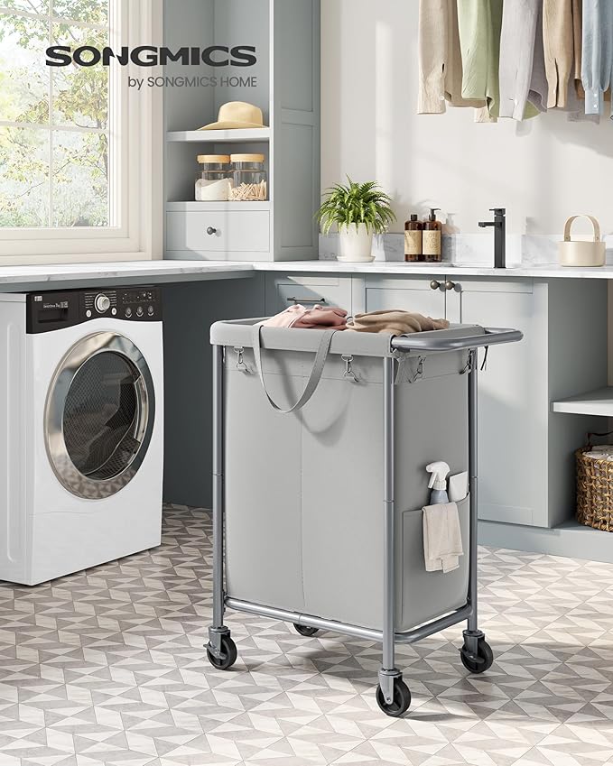 SONGMICS Laundry Basket with Wheels, Rolling Laundry Hamper, 23.8 Gallons (90 L), Removable Liner, Steel Frame with Handle, 24 x 11.4 x 31.9 Inches, Dove Gray URLS003G01