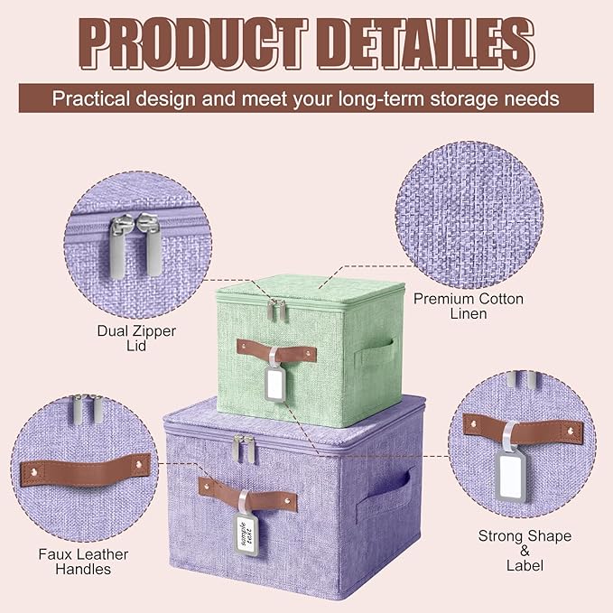 Fiwochic 6 Pack Fabric Storage Bins with Lids, 10x8x7In Foldable Cotton Linen Storage Boxes with PU Leather Handles and Label Holders for Closet, Nursery, Pink, Purple, Blue, Green, Yellow, Orange