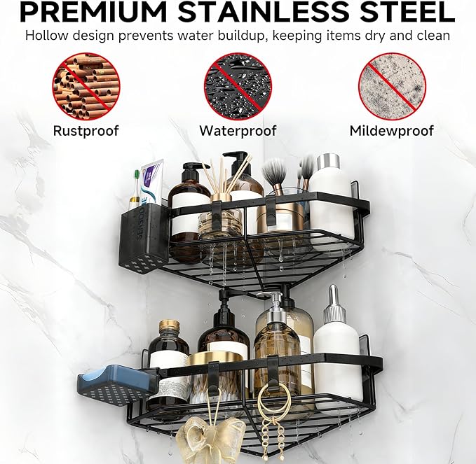 Corner Shower Caddy, 5-Pack Adhesive Shower Corner Organizer Shelves, No Drilling Stainless Steel Shower Storage Rack with Soap&Toothpaste Holder for Bathroom, Dorm and Kitchen (black)