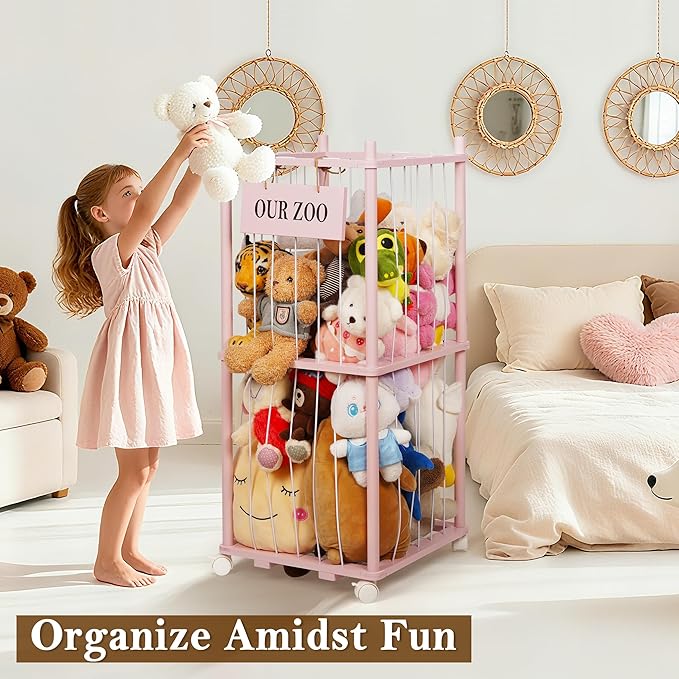 Stuffed Animal Storage Zoo, Wooden Stuffed Animal Organizer with Removable Wheels & 5-Row Elastic Cords, Space-Saving Plush Toy Storage Holder for Playroom, Bedroom, Nursery