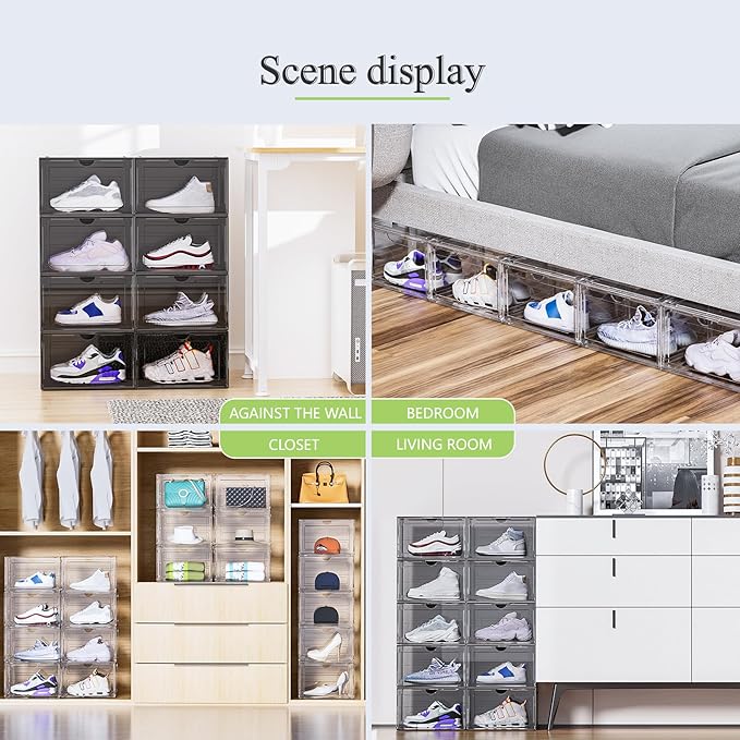 OMOPIN 8 Pack XL Shoe Storage Box Organizer,Drop Side Large Shoe Boxes Clear Plastic Stackable Container,Magnetic Sneaker Display Case, Fit up to US 13（13.4”x 10.6”x 8.3”(8 Pack Black)