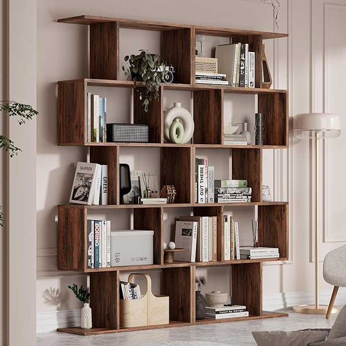Cozy Castle Set of 2 Geometric Bookcase, S-Shaped Modern Bookshelf, Room Divider Bookshelf, 62" Tall Unique Abstract Bookcase with 5-Tier Display Shelf for Living Room Office, Rustic Brown