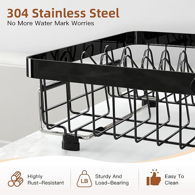 romision Expandable Dish Drying Rack Over The Sink Small Metal Stainless Steel Plate Holder for Compact Kitchen, Space Saving Modern Black Hanging Drainer