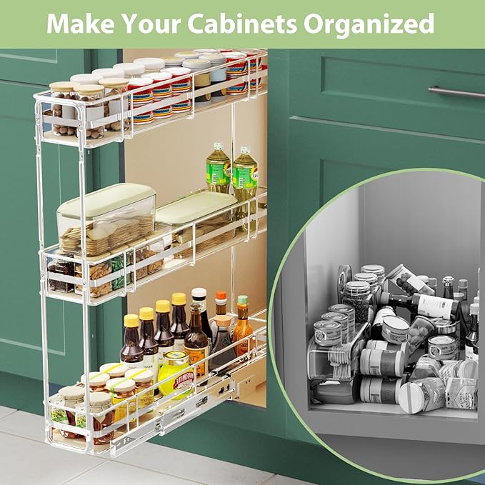 Pull Out Spice Rack Cabinet Organizer 6" W x 20½" D, 3 Tier Heavy Duty Slide Out Wood Shelf for Narrow Cabinet, Pull Out Storage for Kitchen