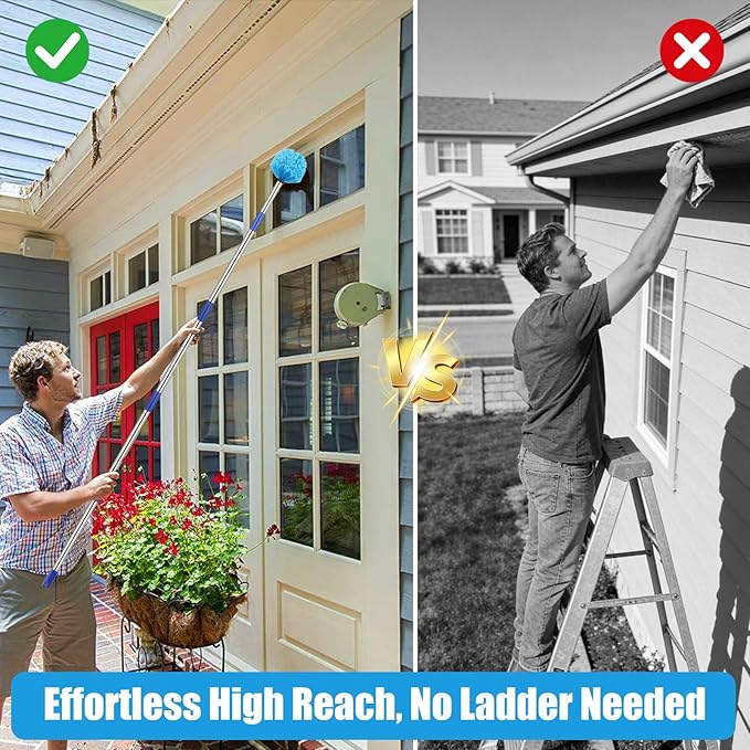 Cobweb Duster with Extension Pole, 8 FT Long Duster for High Ceilings, Walls, Medium Stiff Bristles Cobweb Brush with Lightweight Stainless Steel Pole for Outdoor Indoor Cleaning