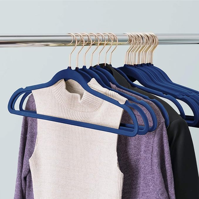 VECELO Premium Velvet Clothes Hangers Suit Heavy Duty (100 Pack)-Non Slip & Space-Saving with 12 Finger Clips & 2Tie Rack Excellent for Men and Women,Blue
