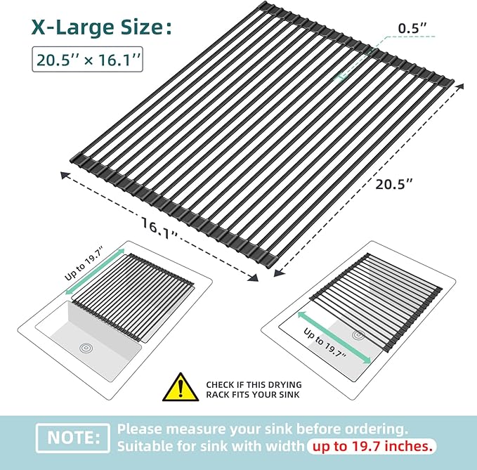Ohuhu Sink Drying Rack, 20.5" W x 16.1" L Over Sink Roll-Up Dish Drainer - Rolling Foldable Accessories Heat-Resistant Mat Anti-Slip Silicone Coated Multipurpose for Kitchen Counter
