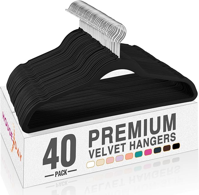 HOUSE DAY Black Velvet Hangers 40 Pack, Non Slip Clothes Felt Hanger Heavy Duty for Coat, Premium Slim Space Saving Suit Hangers for Closet Organizer, 360° Rotating Silver Hook