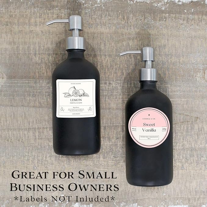 Cornucopia Brands 16oz Black Glass Bottles w/Stainless Steel Pumps (2-Pack); Black Coated Boston Round; Lotion, Hand Care & Soap Dispensers